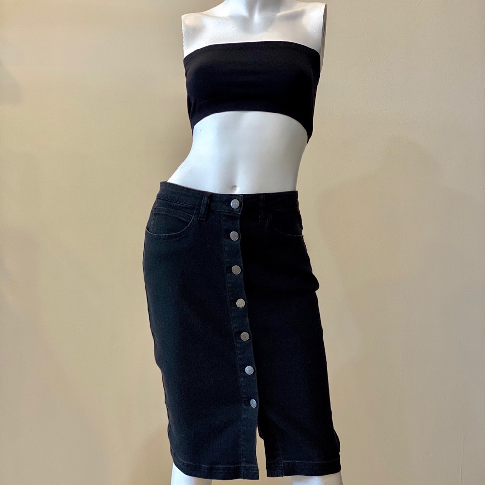 Black Button Front Denim Pencil Skirt